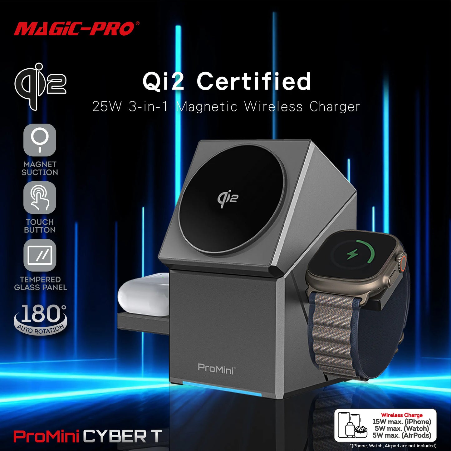Qi2 Cube 3-in-1 Fast Rotating Apple Charger